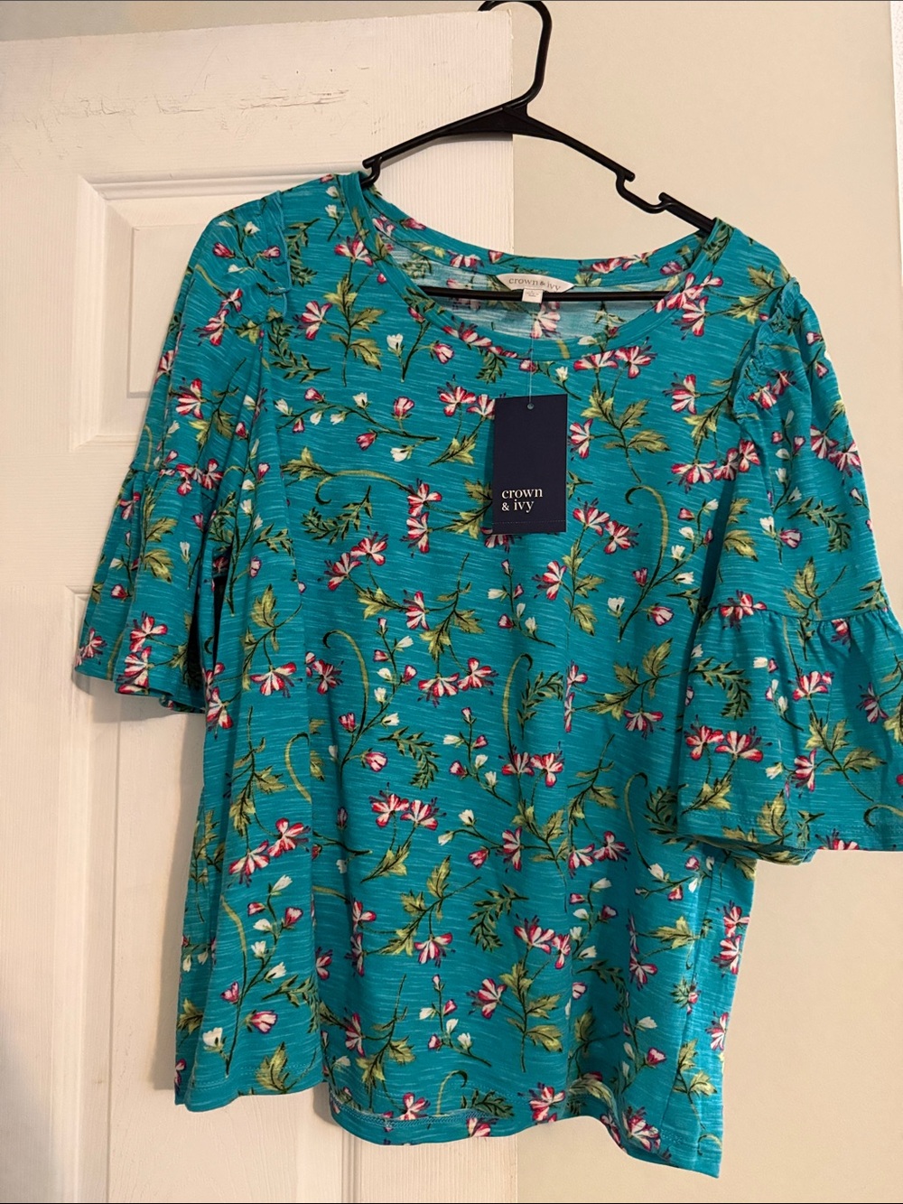 crown & ivy Teal Floral Flutter Sleeve Top